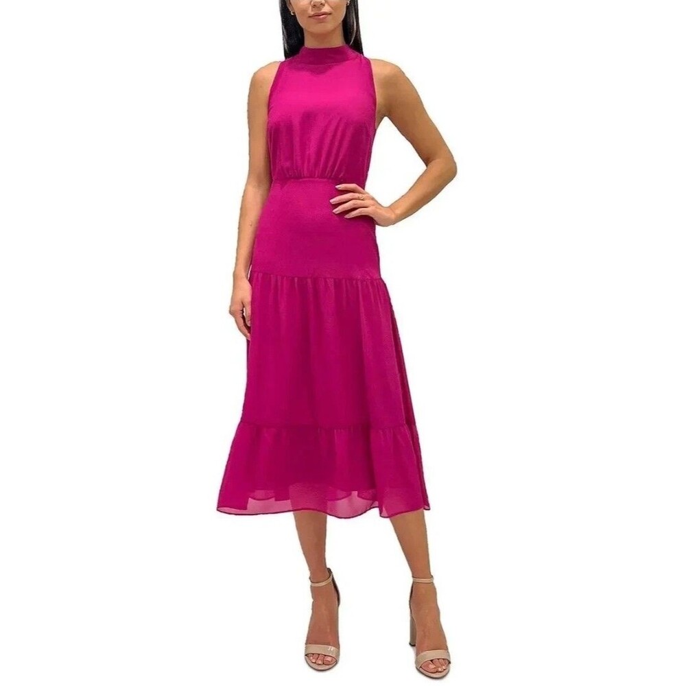 Sam Edelman Women NEW Satin Sleeveless MIDI Glam Mobwife Dress Fushia Pink SZ 10